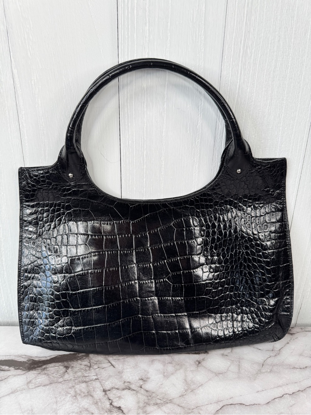 Forth & Towne Croc-Embossed Black Leather Shoulder Bag